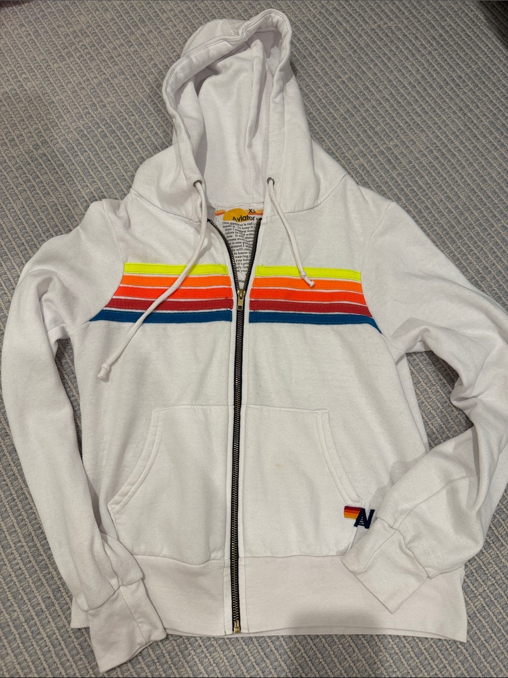 Aviator Nation White Hoodie with Neon Rainbow Chest Stripes